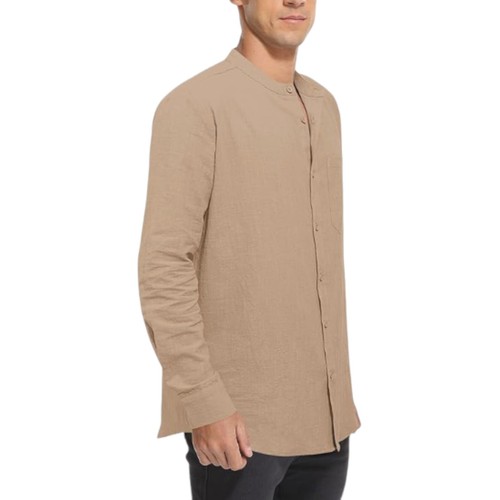 Mens Long Sleeve Khaki Dress Shirt Button Down Cotton Linen Regular Fit Casual - Picture 5 of 5