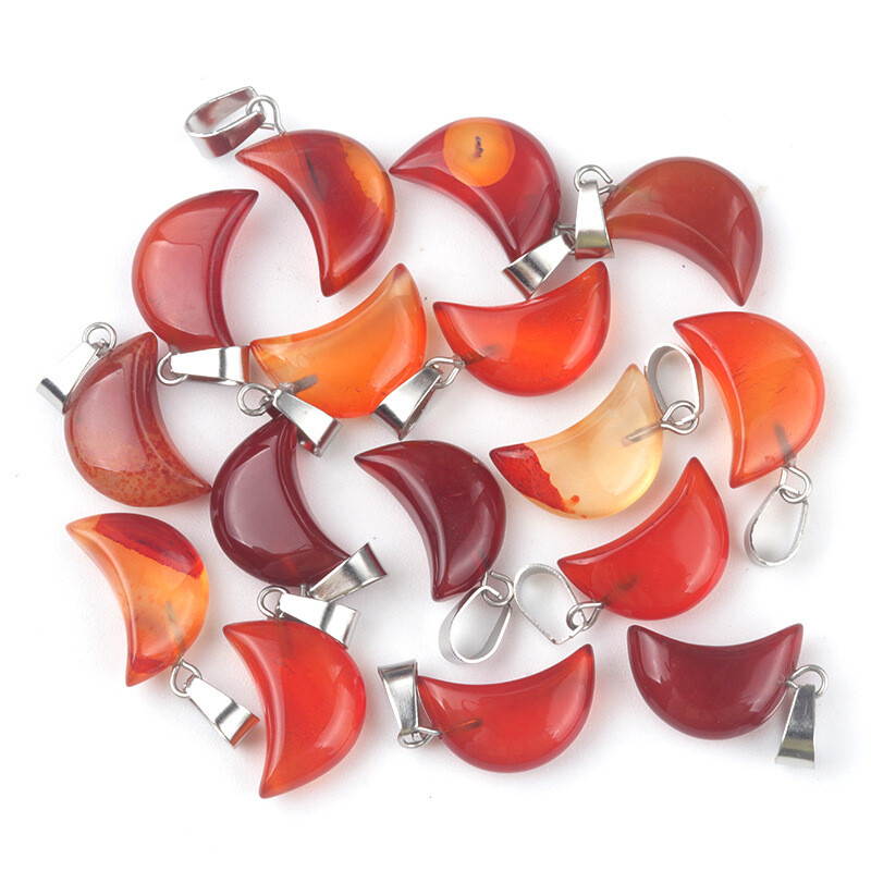 50pcs Natural Red Agate Stone Moon Pendant DIY Necklace Jewelry Making