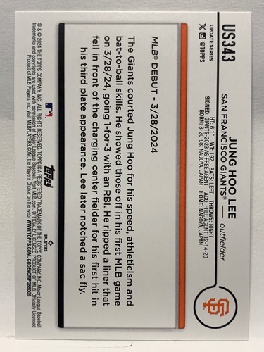 Serie Aggiornamento Topps 2024 - JUNG HOO LEE #US343 Gold Rainbow Foil RC DEBUTTO GIANTS - Foto 2 di 2