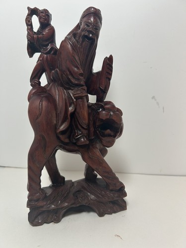 Vintage Rosewood Chinese Carved Statue Longevity Old Man Boy Beast 8 “ - Picture 1 of 12