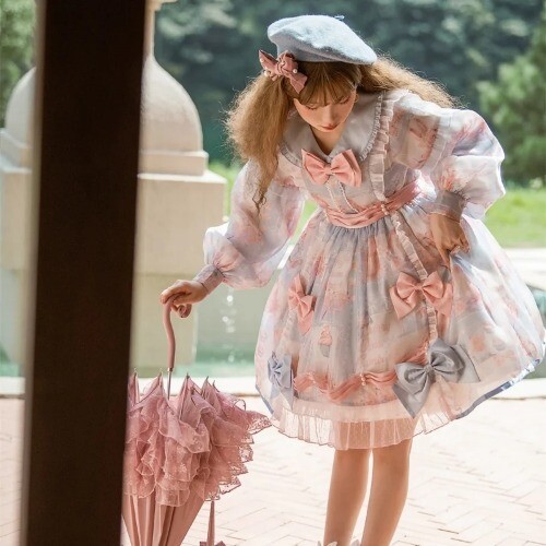 Japanese Lolita Dress Women Pink Cute Bow Rabbit Print Kawaii Lace Party Dress - Bild 13 von 25