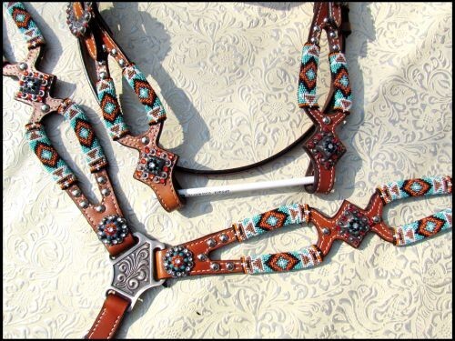 Turquoise and Orange Beaded Browband Headstall & Breast Collar Set & Reins NEW - Picture 3 of 3