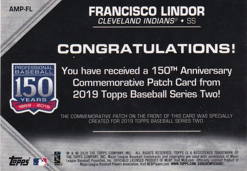 Topps 2019 Baseball Francisco Lindor #AMP-FL 150TH ANNIVERSARY SERIES 2 PATCH - Bild 2 von 2