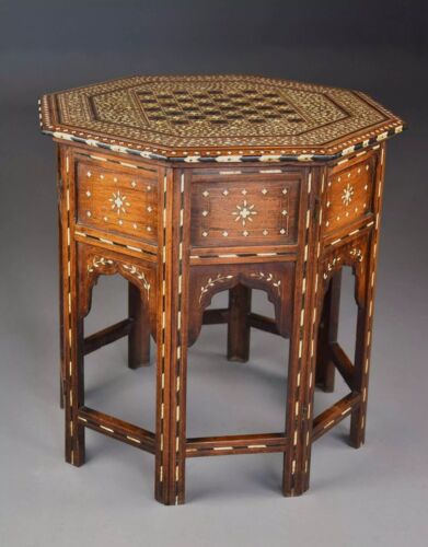 Wooden Coffee Table, Dining Table, Bone Inlaid Round Folding 1950s Anglo-Indian - Picture 4 of 12