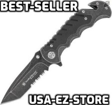 🔥Smith & Wesson Folding Pocket Knife Border Guard Rescue Black Wash Tanto Clip