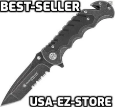 🔥Smith & Wesson Folding Pocket Knife Border Guard Rescue Black Wash Tanto Clip