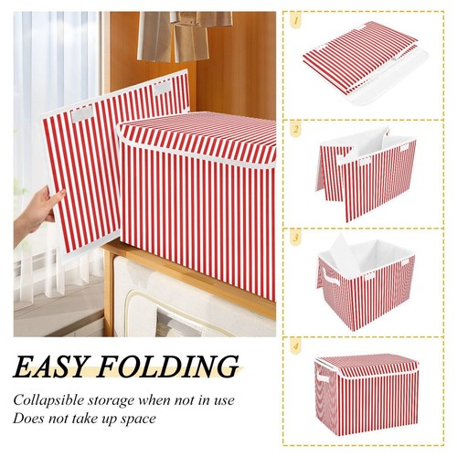 Foldable Storage Boxes With Lids Geometric Red Striped Large Collapsible Fabric - Picture 6 of 7
