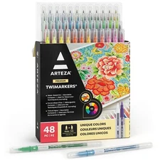 Dual Tip Brush Markers – Set of 48 Pens with Fine and Brush Tips Water-Based ...