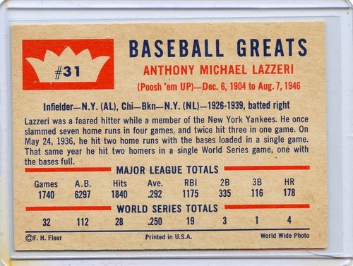 Fleer Tony Lazzeri Chicago Cubs 1960 #31 ⭐️💥🎯 casi nuevo - Imagen 2 de 2