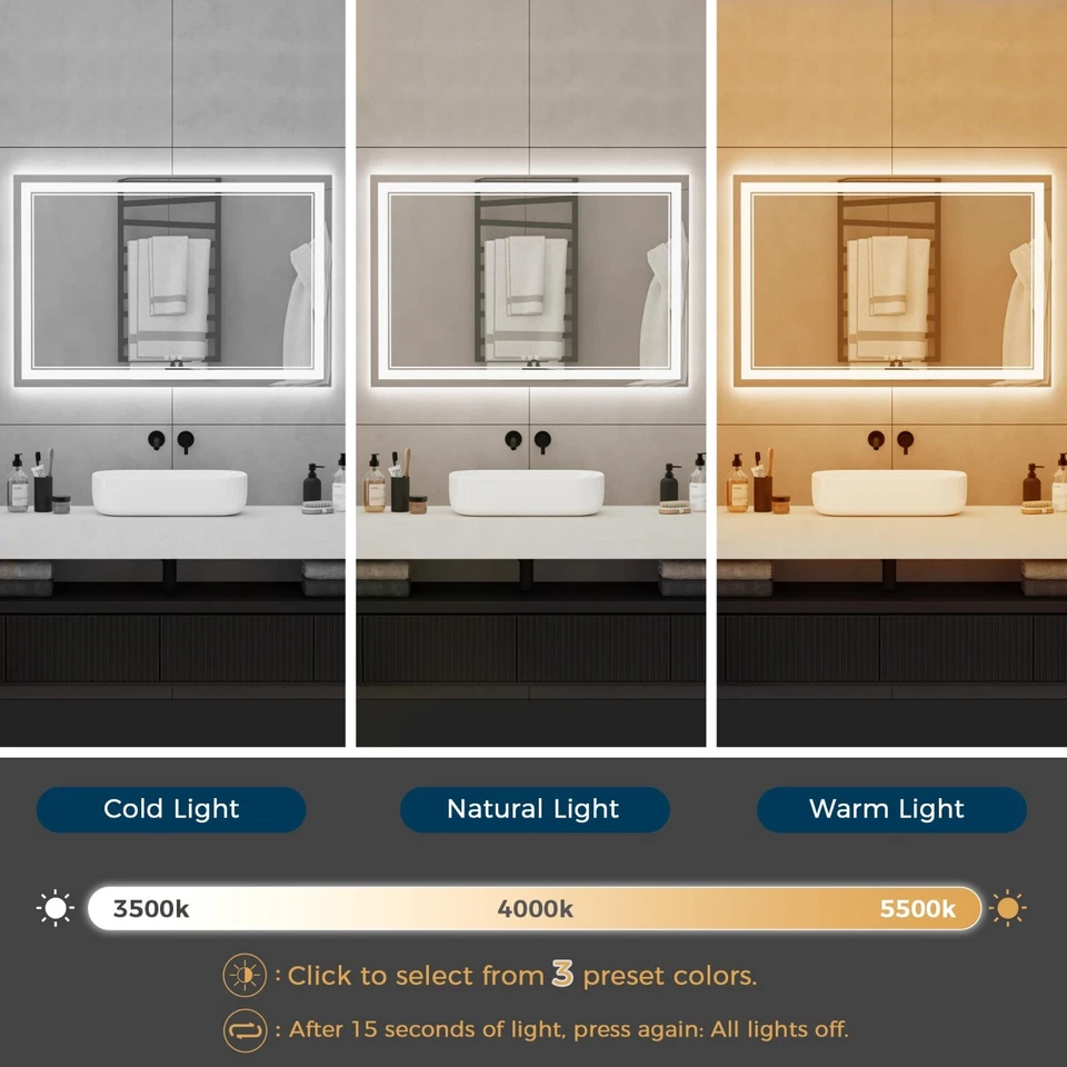 Espejo de baño LED 48”x 32”, espejo tocador de pared, 3 colores táctiles, antiniebla Foto 4 de 4