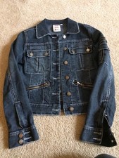 Dark Faded Cropped Jean Jacket With Pockets And Zippers Size Large