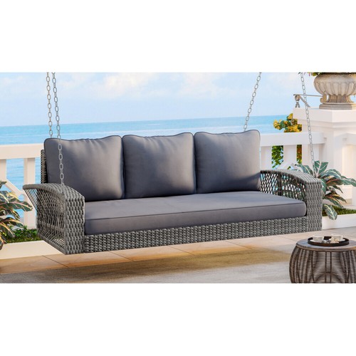 69" PE Wicker 3-Person Porch Swing w Chains & Cushions, Large Patio Swing Bench - Picture 9 of 12