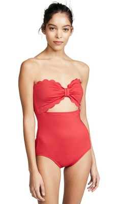 red scalloped one piece swimsuit