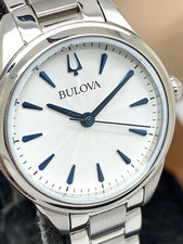 Bulova Women's Watch 96L285 Quartz White Blue Dial Silver Stainless Steel 28mm