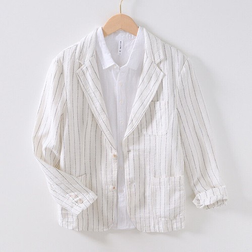 Traje de Lino Literario Retro a Rayas para Hombres Chaqueta Abrigo Informal Negocios Prendas para el torso relajado - Imagen 15 de 17