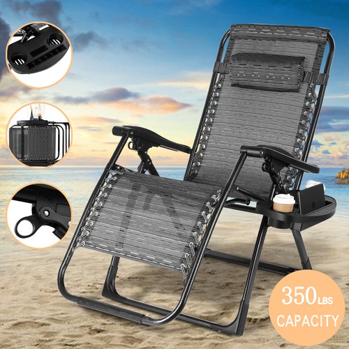 New Black Oversized Folding Beach Chair Recliner Lounge Patio Pool w/ Cup Holder