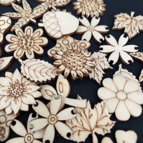 50pcs Wood Flower mushroom acorn leaves natural unfinished Scrapbook craft #2521 - Picture 2 of 3