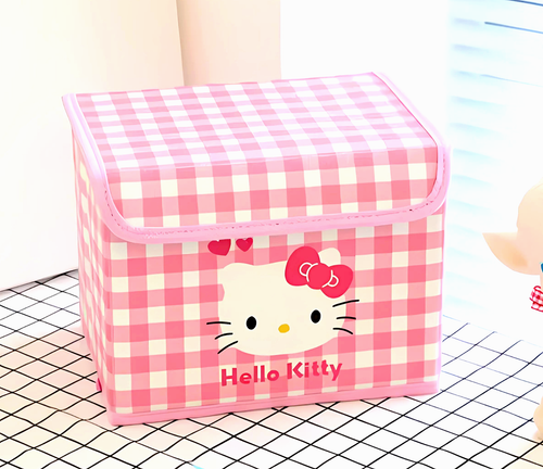 Sanrio Hello Kitty Gingham Folding Storage Box Faux Leather Lidded Organizer Bin - Picture 10 of 16