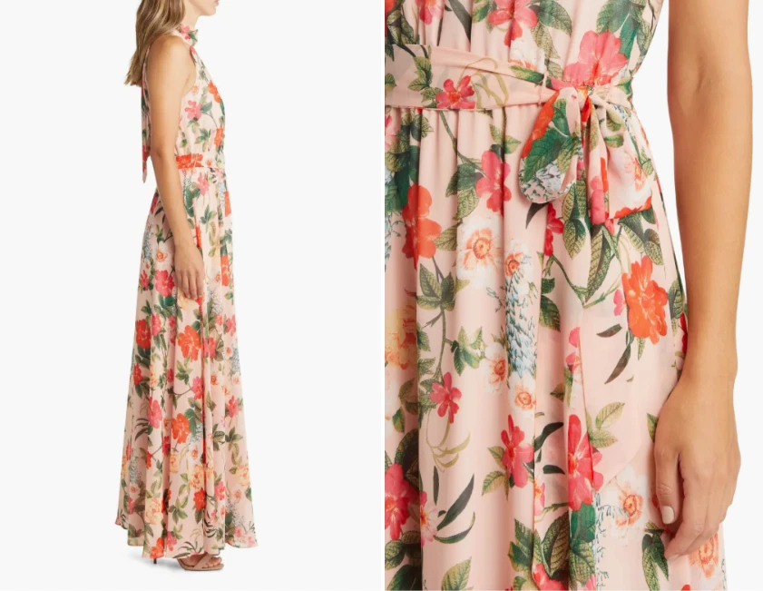 ELIZA J 粉色桃花印花吊带腰带腰带雪纺长裙 10 M — 第 2/4 张图片