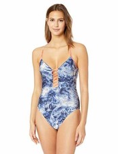 Lucky Brand Junior's One Piece Swimsuit, Indigo/Coral//Crushed Waves, Large