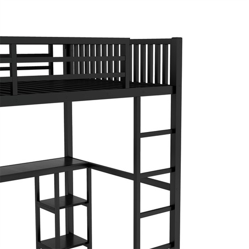 Full XL Size Metal Loft Bed with Built-in Wardrobe, Desk & Storage Shelves,Black - Picture 4 of 12