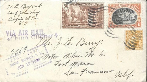 PHILIPPINES - CHINA CLIPPER 1936 REG Cover from P.I. CAMP to CALIFORNIA FORT !