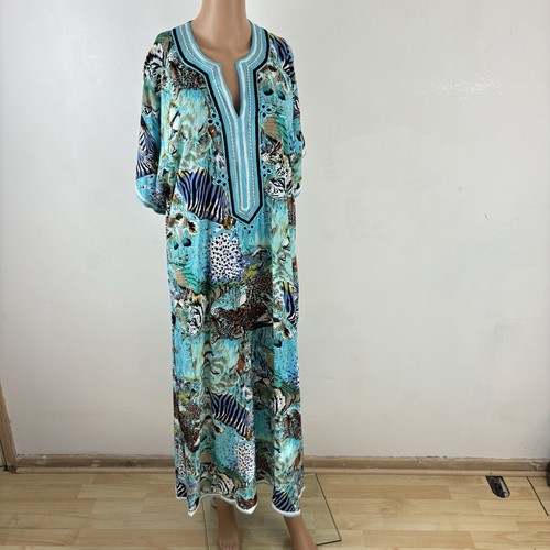 Blue Embroidered Kaftan Dress Maxi Animal Print Jungle Cover Up Beach Resort OS - Picture 4 of 24