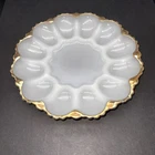Vintage MCM Anchor Hocking Gold Trim Milk Glass Deviled Egg Dish 10" x 10"