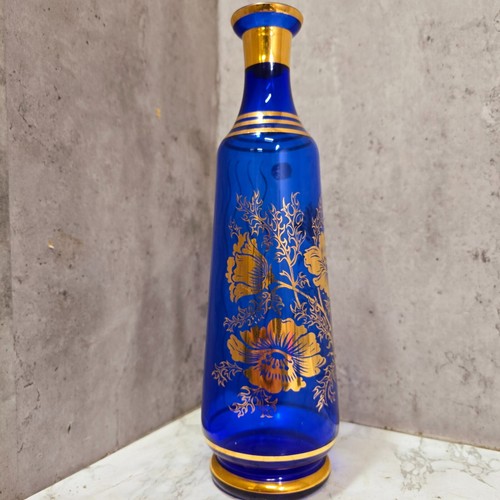 Vintage Bohemia Cobalt Blue Czech Glass Vase, Gold Floral Design 32cm Tall - Picture 8 of 14