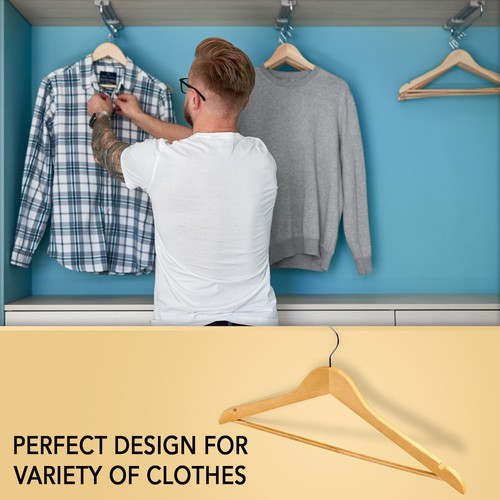 10 x WOODEN COAT HANGERS SUIT GARMENTS CLOTHES WOOD HANGER TROUSER BAR SET - Picture 5 of 11
