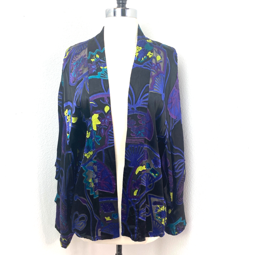 Chico's Design Kimono Top Size 0/Sm Black Purple Burn-Out Rayon Silk Boho Lounge - Imagen 2 de 9