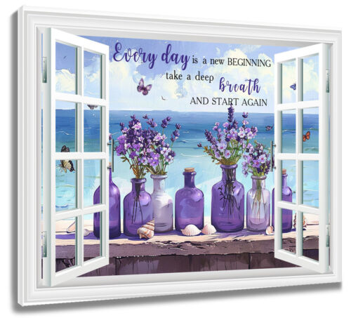 Arte de pared de lienzo floral púrpura paisaje azul océano decoración para sala dormitorio - Imagen 13 de 15