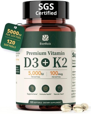 Vitamin D3 K2 5000IU 100mcg MK-7, 120 Softgels, 2-in-1 K2 D3 Vitamin Suppleme...