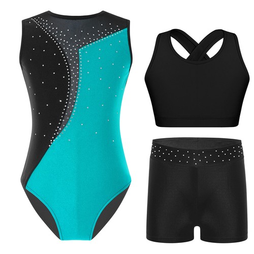 Kids Girls Outfit Contrast Color Suit Gymnastics Set 3Pcs Round Neckline Dance - Picture 5 of 36