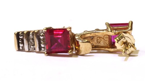 10k yellow Gold princess Lab created Ruby .01ct diamond gemstone stud earrings - Picture 5 of 6