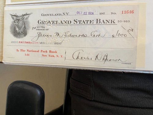 Vintage 1924 Groveland State Bank New York cancelled check w/ elk/reindeer image