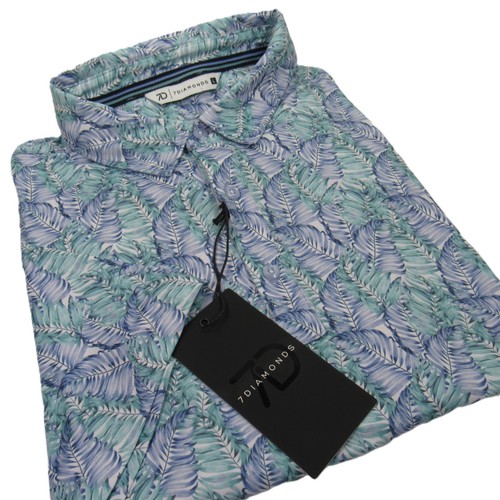 7 DIAMONDS Herren Golf Shirt 4-Wege Stretch Polo Laub Print Blau Größe Large