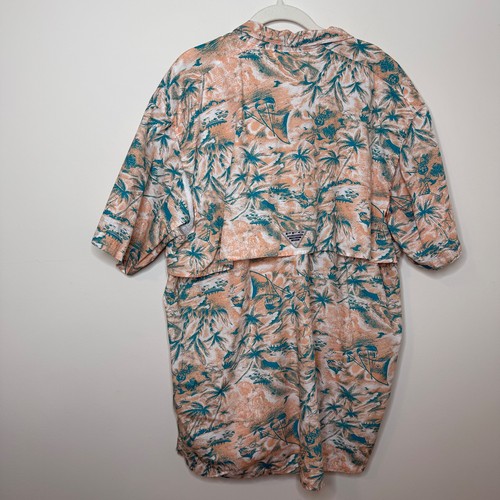 Columbia PFG Men’s 2X Vented Shirt Palm Tree Print Peach Teal 100% Cotton Fish - Picture 2 of 9