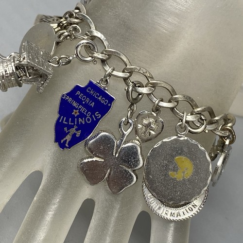 VTG 20 Charm Bracelet Sterling Silver Birthday Natie Cowbell School Hearts 6.5" - Picture 2 of 21