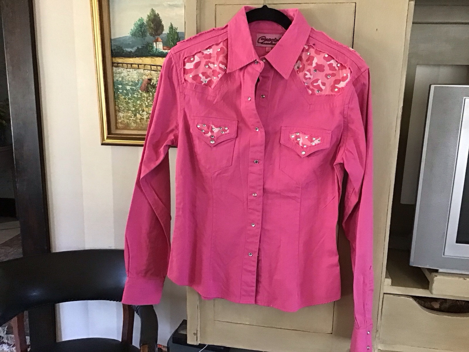 Front heart rhinestone logo blouse ピンク 80s Silk Blouse Hot Pink Adam Douglass Rhinestone