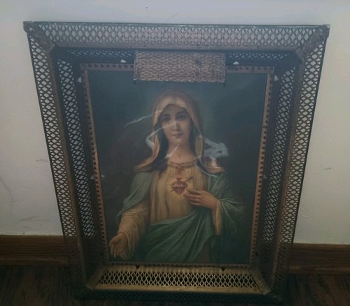 Antique 1930's/40's Virgin Mary Sacred Heart Print In Metal Frame w/ Light Box - Picture 6 of 6