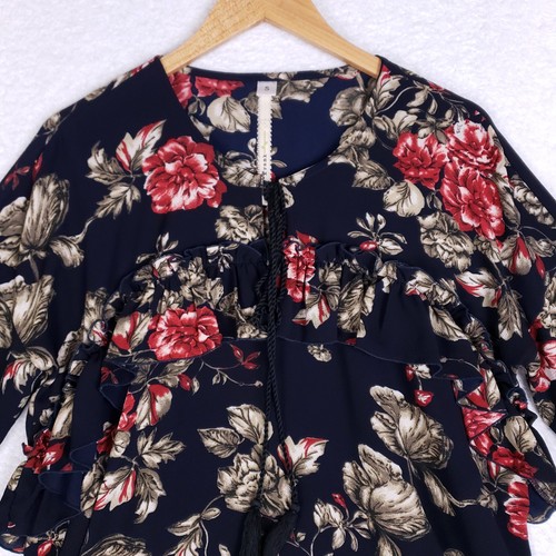 Uncle Frank Floral Bell Sleeve Dress Small Navy Red Boho Ruffle Made in USA - Bild 2 von 8