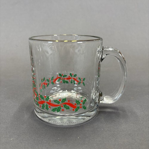 Libbey Glass Coffee Cups Mugs Set of 4 Holly Berry Ribbon Christmas Holiday LRS3 - Picture 7 of 14