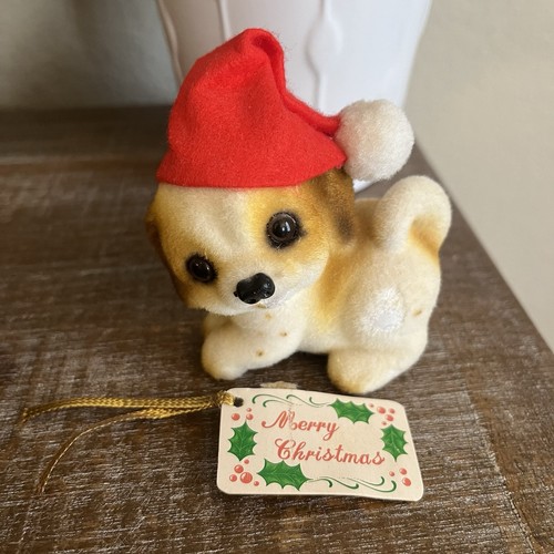 Estatuilla de perro cachorro flocado Josef Originals vintage hecha en Japón decoración navideña - Imagen 1 de 7