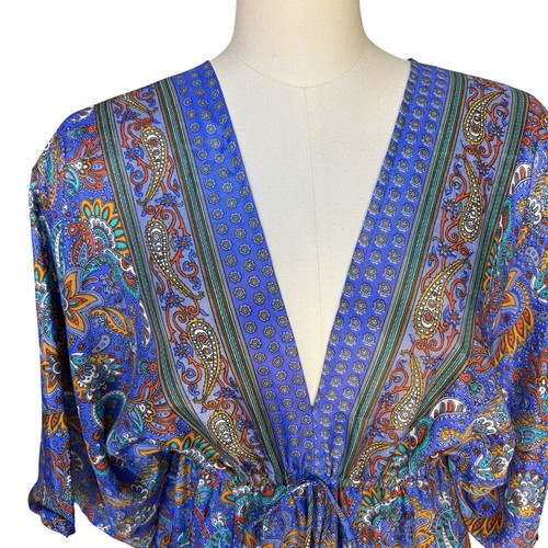 ZURY Silk Blend Maxi Dress Kaftan Paisley Floral Purple Multi Tassels Boho OSFM - Picture 2 of 12
