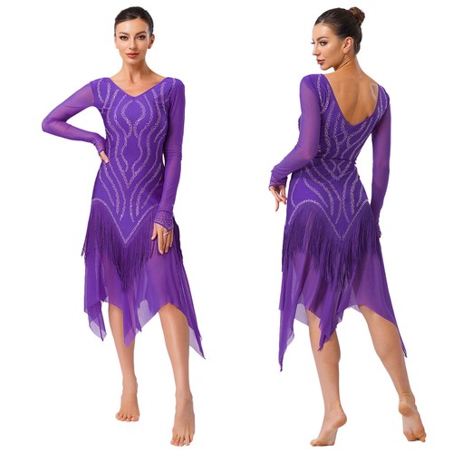 Women Dresses Tassels Dress See-Through Dancewear Rhinestones Shiny Mesh Latin - Picture 55 of 83