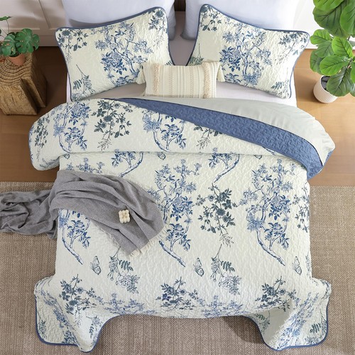 Blue Floral Quilt Set Queen,Botanical Leaf & Butterfly Pattern Quilts Bedspre... - Picture 3 of 9