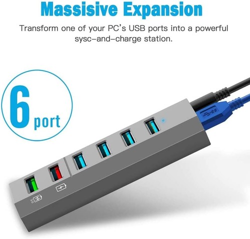 Mongery Hub USB 6 en 1 con 4 Puertos de Datos y 2 Puertos de Carga Rápida Indicador LED - Imagen 4 de 5