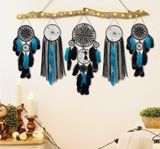 5 Pack Black Teal Dream Catchers Wall Decor Moon and Sun Feather Handmade Tra...