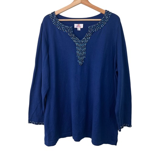Quacker Factory 2X Perlen gekerbter Ausschnitt blau Langarm Strick Pullover Oberteil